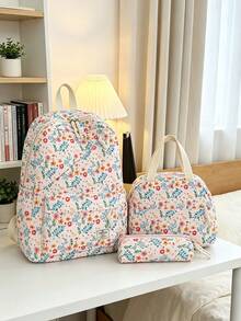 3 PiecesCasual College Style Floral Pattern Backpack Set, Includes Backpack, Lunch Bag And Pencil Case, With Laptop Compartment, Adjustable Shoulder Straps, Multi-Pocket Large Capacity, Multi-Function School Bag Set, Suitable For Girls/Teens/College Students/Graduates Daily Use/Vacation/Travel/Back To School. - 2347 - View 7