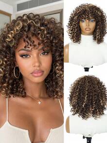 70s African Style Bangs Wig, Ombre Golden Curly Wig, Fluffy Curly African Style Wig, High Quality Synthetic Large African Style Wig 12-Inch Afro Wig - Multicolor - View 3