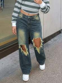 Women's Distressed Large Ripped Loose Straight Leg Denim Jeans - Light Wash - View 4