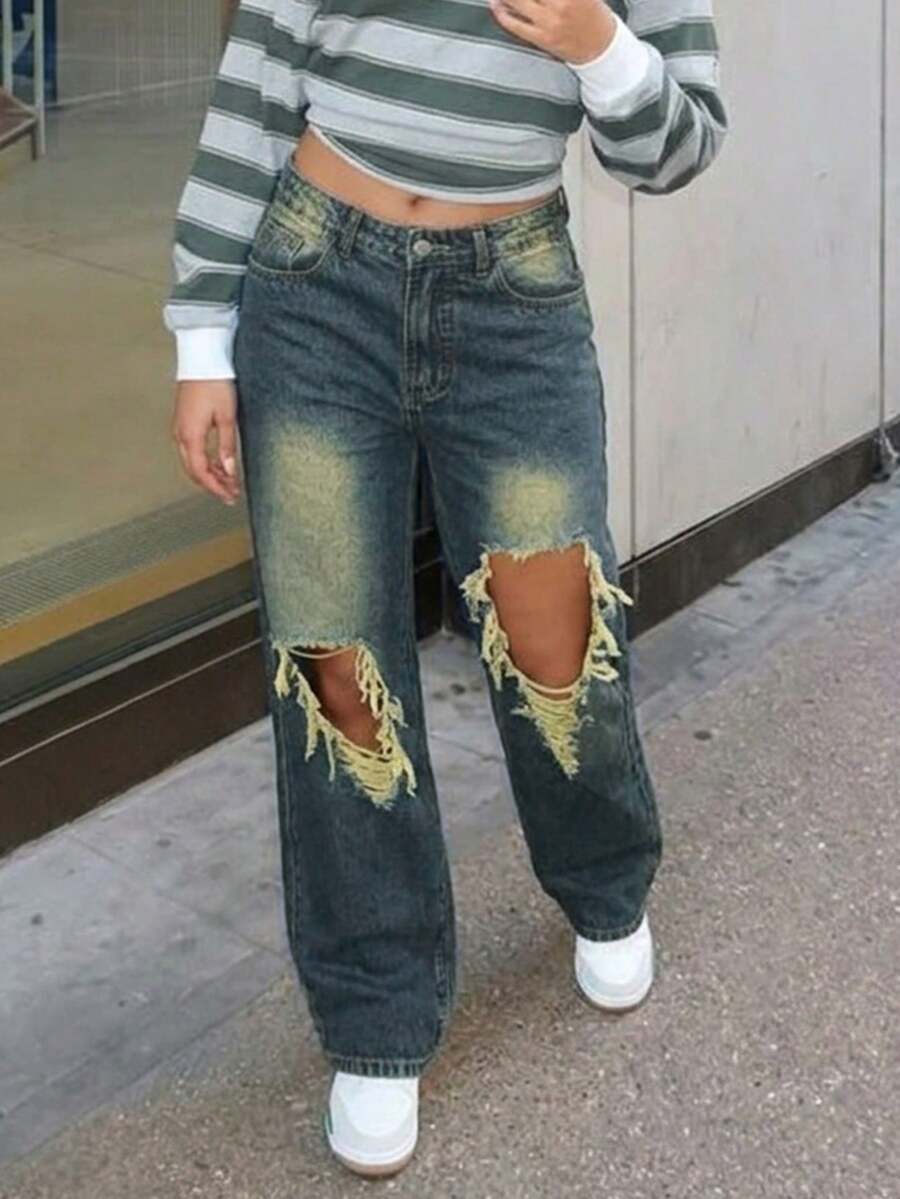 Women's Distressed Large Ripped Loose Straight Leg Denim Jeans - Light Wash - View 1