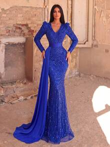 Faeriesty Luxury Sequin Embroidered Floor-Length Evening Gown Wedding Dress Party Fall - Royal Blue - View 2