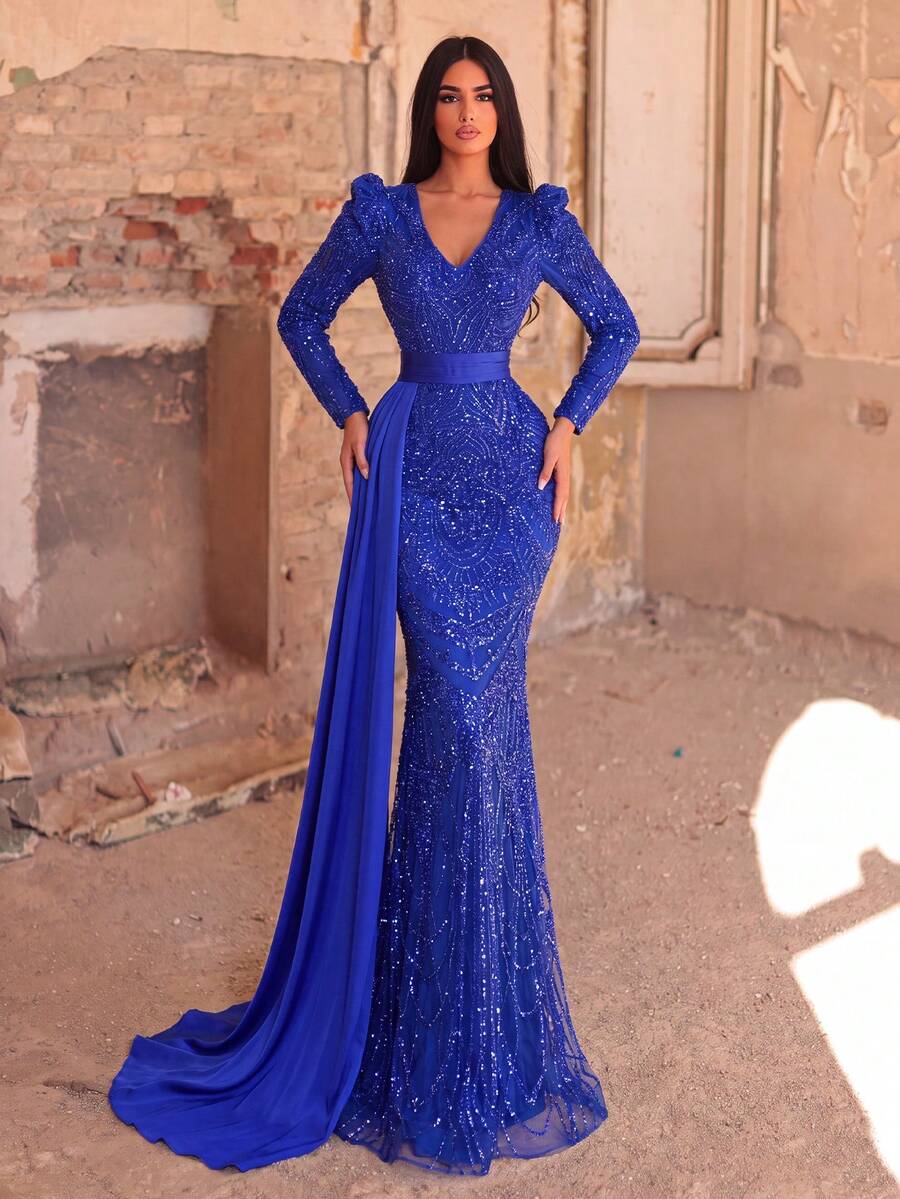 Faeriesty Luxury Sequin Embroidered Floor-Length Evening Gown Wedding Dress Party Fall