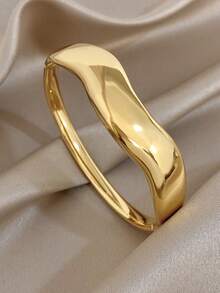 18k Gold Plated Stainless Steel, Curved Polished Gold Bangle, Women's Bracelet, Stainless Steel Jewelry, Designer Jewelry, High Quality Luxury Jewelry, Jewelry Set, Heavy Bangle, Gold Plated Jewelry, Suitable For Daily, Dating, Party, Vacation Season, Back To School Season, Summer Jewelry, Beach Jewelry, Women's Beach Accessories, Birthday Gift, Girlfriend Gift, Mother Gift, Bohemian Jewelry - Multicolor - View 12