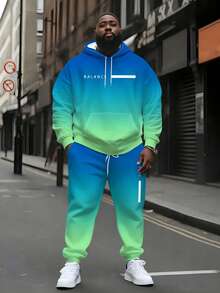 Setelan Hoodie dan Celana Olahraga Pria Ukuran Besar dengan Huruf BALANCE Gradien Biru-Hijau, Pakaian Kasual 2 Potong Gradien Segar - MultiWarna - View 1