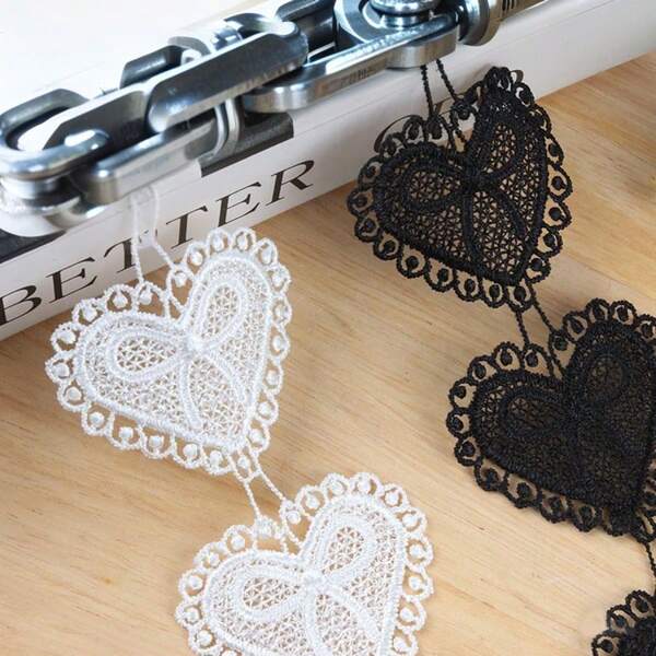 1 Yard Heart-Shaped Satin Lace DIY Wedding Dress Clothing Trim Black White Embroidery Polyester Silk Flower