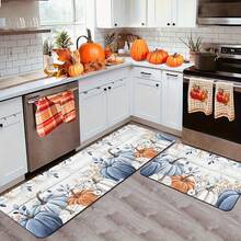 Kitchen Mats Featuring A Design Of Autumn Blue And White Pumpkins, Made From Suitable Materials For Use In The Bedroom, Living Room, Dining Area, Bathroom, And Entrance - White - View 6