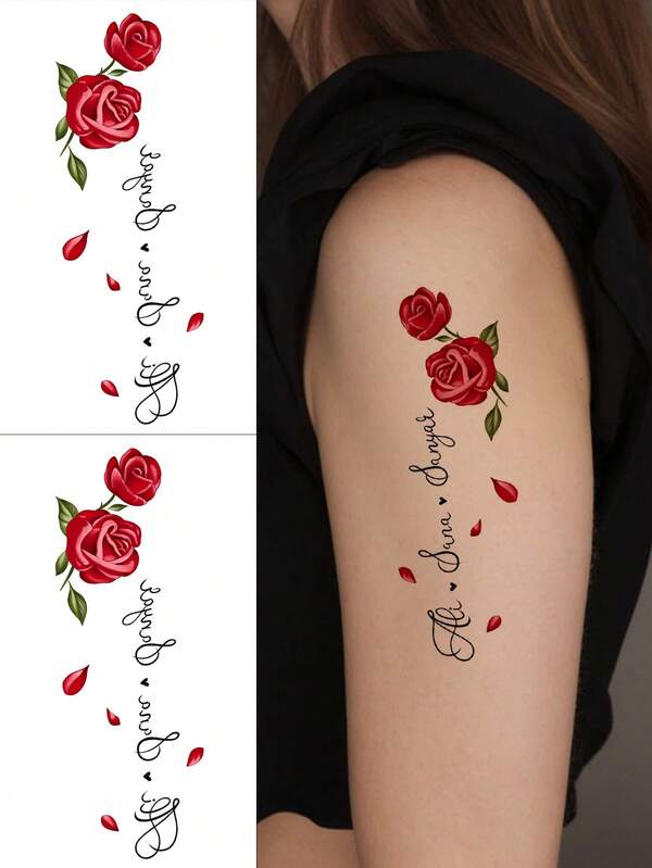 2pcs Waterproof Realistic Red Rose Cursive Letter Temporary Tattoo Sticker, Sexy Floral Text Fake Tattoo For Women Arm Shoulder Chest Body Decor