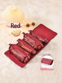 1pc (4-In-1) Woven Travel Makeup Organizer Bag, With Adjustable Shoulder Strap, Open Mesh Compartments For Brushes And Lipsticks, Lightweight Portable Toiletry Bag, Fashionable Beige, Wet Wipe Cleanable, Makeup Travel Bag, Daily Cosmetics Storage - Multicolor - View 9