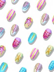 24pcs Round Wearable Nails, Colorful Short Starfish & Fish Pattern Fake Nails, Women's Summer Coffin Nails - 彩色 - 查看 2