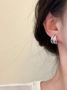 1 đôi khuyên tai kẹp vành tai hình học nhiều lớp đính đá Cubic Zirconia sang trọng, phù hợp cho nữ đeo hàng ngày và dự tiệc - Bạc - Xem 4