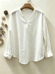 New Women's Casual Loose Fashion Elegant Solid Color Long Sleeve V-Neck Pullover Blouse, Suitable For Daily Wear - White - View 7