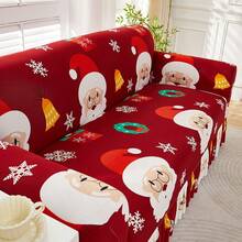 1pc Printed Santa Claus Elastic Hem Sofa Cover, All-In-One Sofa Slipcover For 1-2-3-4 Seater Sofas, Soft Fabric, Suitable For Straight Sofa, Living Room, Bedroom, Study, Home Decor - Red - View 1