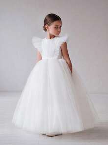 Tween Girl White Round Neck Cap Sleeve Tulle Princess Dress, Suitable For Children's Birthday Party, Flower Girl, Wedding, Prom, Important Occasions, Holiday Celebration - White - View 8
