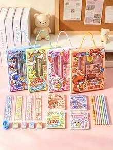 Random 2 Sets Cartoon Stationery Gift Box, Includes Astronaut, Bear, Tiger, Sheep 4 Cute Themes, Complete Set With Pencil, Ruler, First Day Of School - Multicolor - View 1