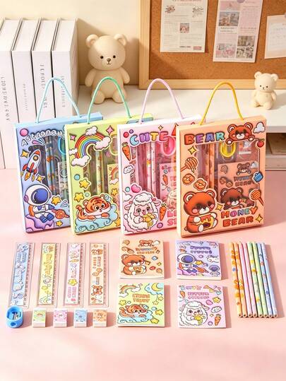 Random 2 Sets Cartoon Stationery Gift Box, Includes Astronaut, Bear, Tiger, Sheep 4 Cute Themes, Complete Set With Pencil, Ruler, Sharpener, Eraser, Notebook, One-Stop Solution For Lower Grade Writing And Drawing Needs. 3D Embossed Cartoon Print + Handle Window Gift Box, Portable And Easy To Store, Sturdy And Durable.