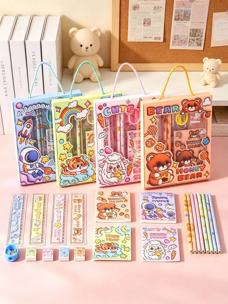 Random 2 Sets Cartoon Stationery Gift Box, Includes Astronaut, Bear, Tiger, Sheep 4 Cute Themes, Complete Set With Pencil, Ruler, First Day Of School - Multicolor - View 1