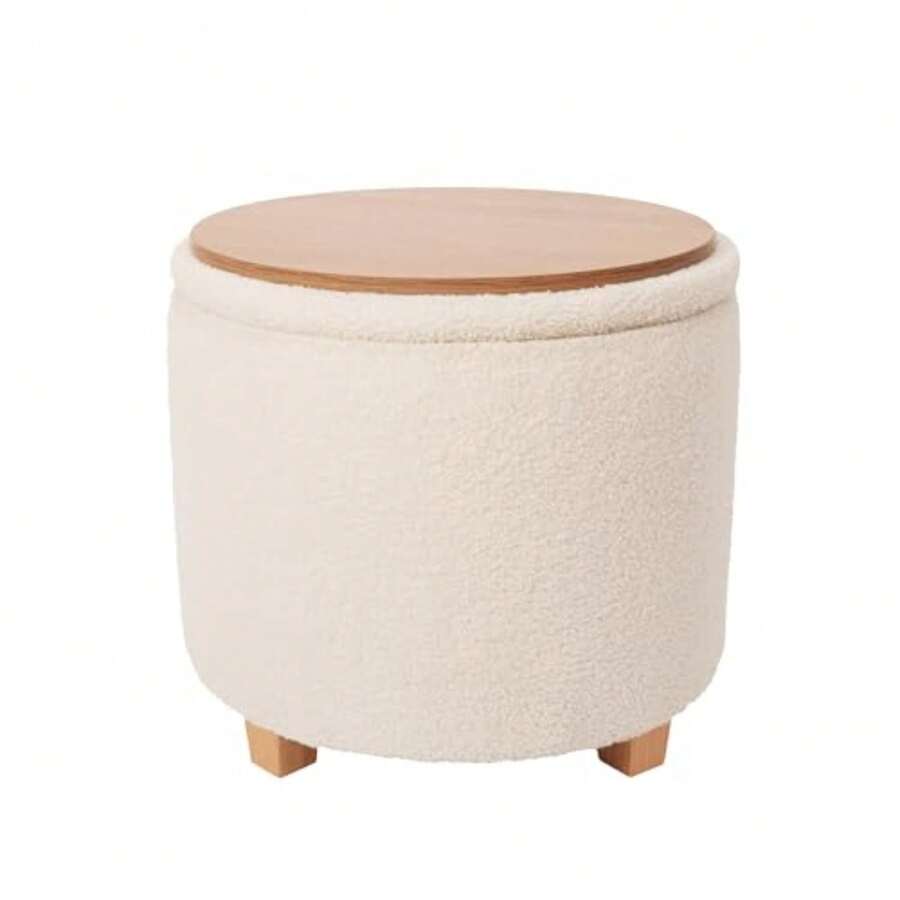 MU:4LIFE Taburete Otomano de Tela Teddy con Asiento Acolchado y Tapa de MDF como Mesa Auxiliar, Reposapiés con Baúl de Almacenaje para Sala y Recámara Tela Teddy, Blanco - Multicolor - Ver 1