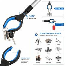 Foldable Reacher Grabber Tool, Extra Long Extendable Trash Picker Upper, 360° Rotating Jaw & Strong Magnetic Tip, Ergonomic Handle For Elderly Handicapped Seniors, Durable Household Aid For Trash Pickup, Cleaning, Item Retrieving - Blue - View 2