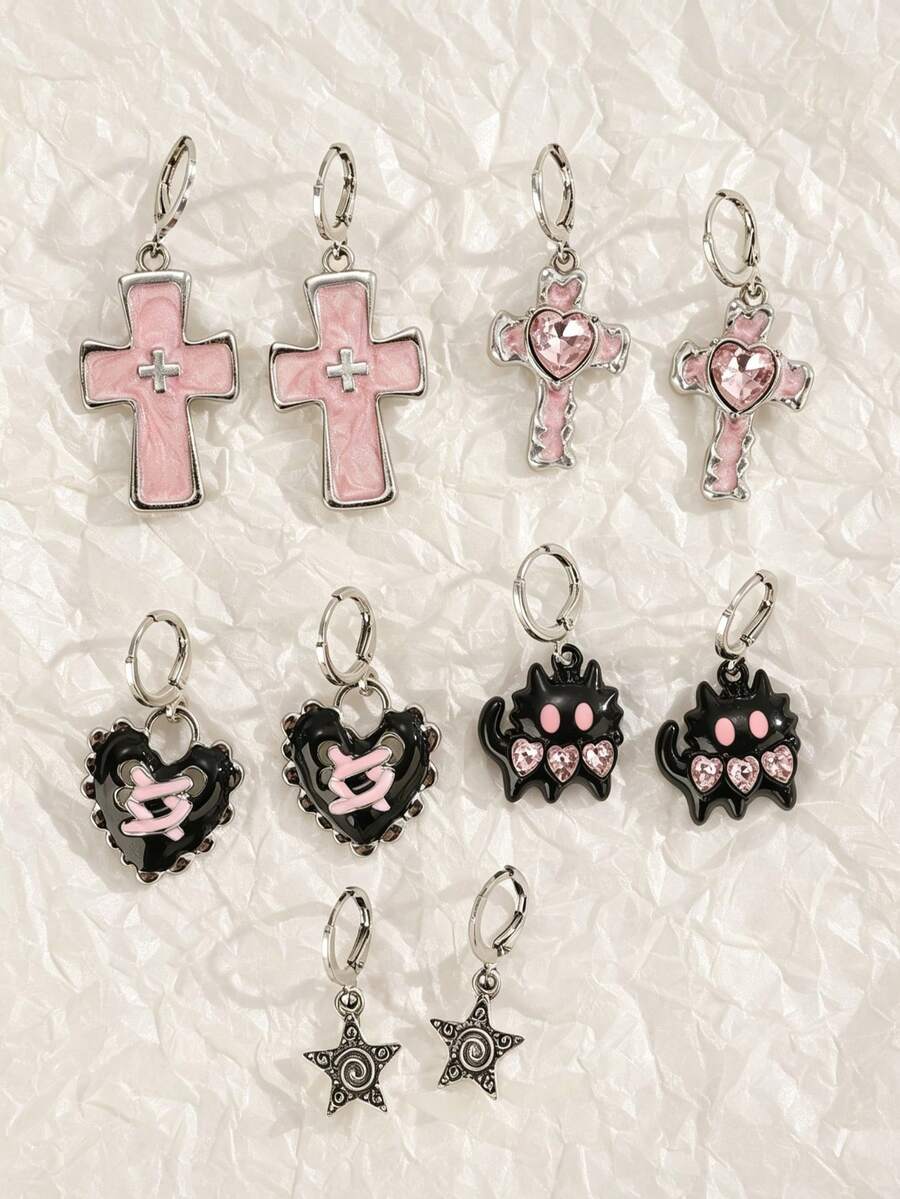1 Pair/5 Pairs Sweet Cool Y2K Personalized Cross Star Pink Rhinestone Cat Heart Earrings Set, Dreamy Sweet Minimalist Casual Versatile Ear Drops, Jewelry For Women, Suitable For Daily Wear, Parties, Music Festivals, Gift For Friends