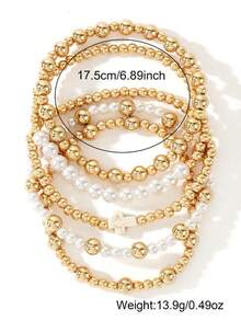 5pcs French Vintage Niche Design INS Style Cross & Faux Pearl Multi-Layer Stackable Bracelet Set For Women, Suitable For Daily Casual, Outings, Banquets, Music Festivals And Party Events - Gold - View 6