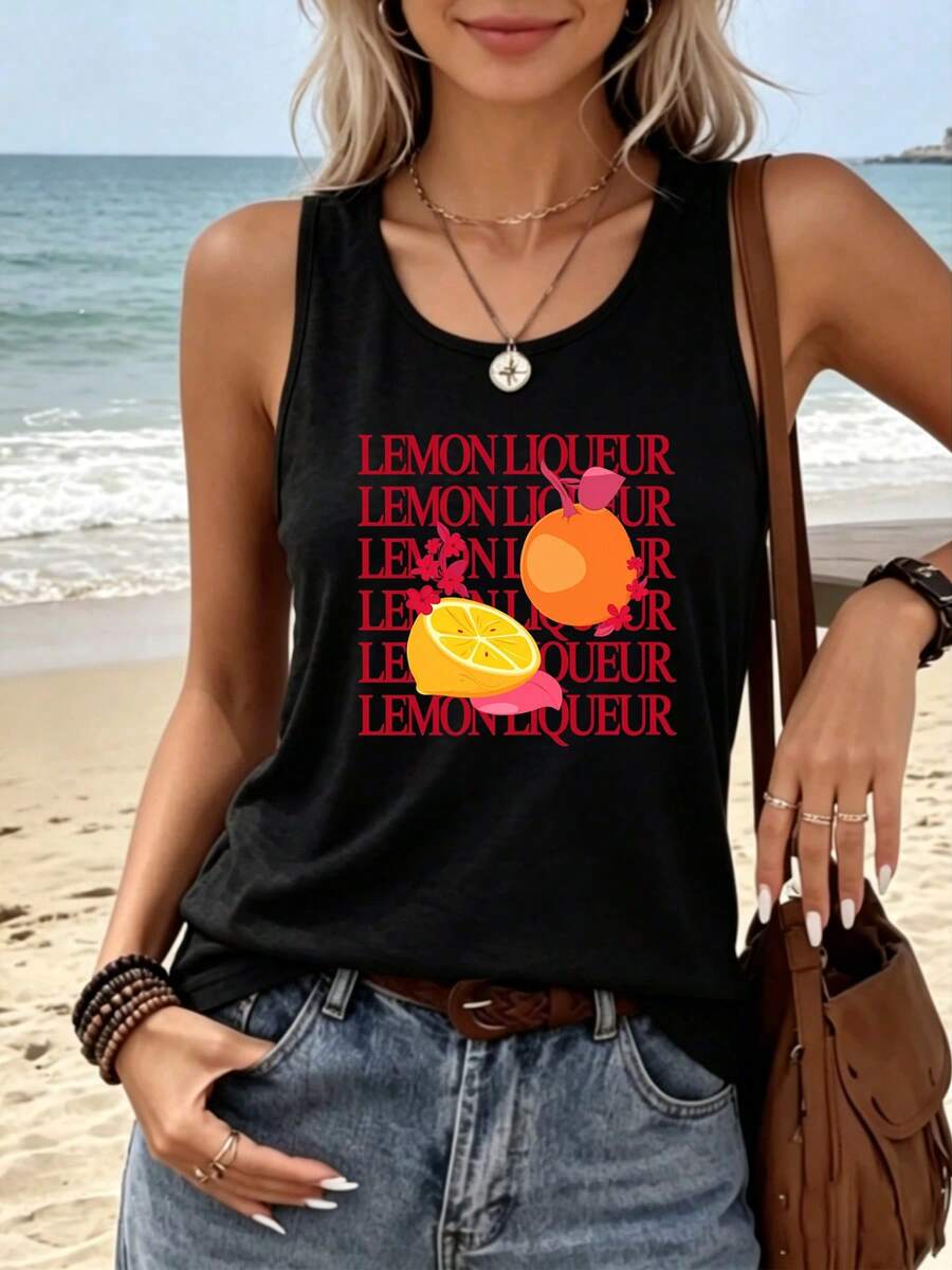 Bestseller Lemon Liqueur Retro Citrus Tank Top, For Cocktail Lover Summer Vacation Gift Bar Outfit Casual Daily Wear - Black - View 1