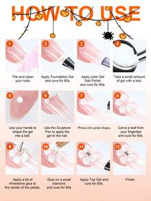 TWOING 12 Colors Halloween 3D 4D Sculpture Gel Kit With Nail Art Pen, Non-Sticky Soak Off Carving And Sculpting Gel, Firm Texture Embossed Painting Gel For Pumpkin Ghost Spider Web DIY Nail Design Salon Home Decoration - 彩色 - 查看 7