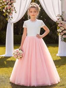 Tween Girl Colorblock Lace Contrast Mesh Backless Short Sleeve Dress Flower Girl Wedding Party Evening Gown - Pink - View 5