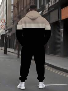 Plus Size Men's Khaki, Beige, Black Three-Section Color Block Hoodie & Sweatpants Set, Minimalist Handwritten Signature Casual 2-Piece Set - Multicolor - View 2