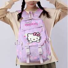 Miniso 3件組紫色大臉Hello Kitty美人魚鱗片印花後背包套裝，卡通背包附配套保溫午餐袋與鉛筆袋，適合上學、野餐 - 淡紫色 - 查看 2