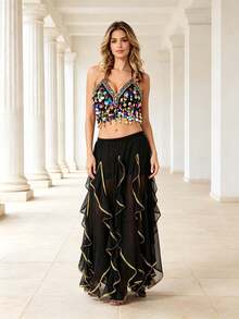 Professional Belly Dance Sequin Coin Fringe Halter Crop Top, Elastic Waist Side Slit Layered Chiffon Skirt For Dance Training, Stage Shows And Competitions - Multicolor - View 21