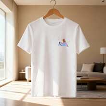 Casual Streetwear Style, Men's T-Shirt, Cartoon Bear And Girl Print, For Daily Summer Wear, Cotton, Graphic Tee. - White - View 3
