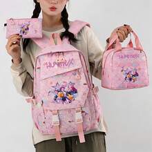 Miniso 3Pcs Pink Mermaid Scale Print Backpack Set, Cartoon Character Rucksack With Matching Lunch Tote & Pencil Case, For School, Picnic, Weekend Trip, City - Pink - View 6