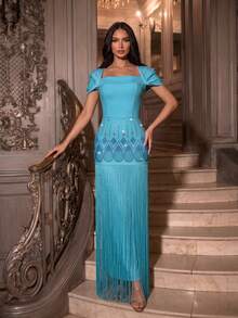 Modphy European & American New Heavy-Duty Gold Foil Rhinestone Decorated High-End Tassel Spliced Bodycon Dress, Elegant Women's Birthday Party Wedding Fall - Blue - View 4