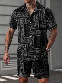 Men's Lightweight Paisley Print Short Sleeve Single-Breasted Shirt & Shorts Set With Elastic Drawstring And Pockets, West Coast Retro Cashew Flower Pattern Shirt + Bermuda Shorts 2-Piece Set, Suitable For Street Style, Daily Wear, Vacation Travel - Black - View 3