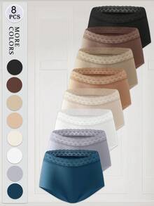FINETOO 8pcs French Lace High Waist Women's Panties, Solid Color Seamless Bodycon Skin-Friendly Daily Triangle Shorts, Multi-Color - Multicolor - View 2
