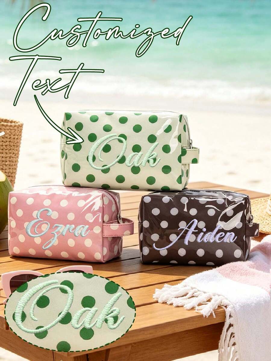 1件客製化刺繡姓名波點化妝包,防水亮面PU旅行盥洗包,大容量便攜式化妝收納包附手把,適合伴娘生日度假海灘的個性化禮物 - 彩色 - 查看 1