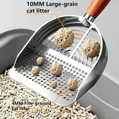 Xẻng xúc cát mèo bằng thép không gỉ, rây lọc cát mèo chịu lực với tay cầm gỗ, thiết kế rây hình chữ D, lý tưởng để vệ sinh khay cát