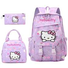 Miniso 3件組紫色大臉Hello Kitty美人魚鱗片印花後背包套裝，卡通背包附配套保溫午餐袋與鉛筆袋，適合上學、野餐 - 淡紫色 - 查看 4