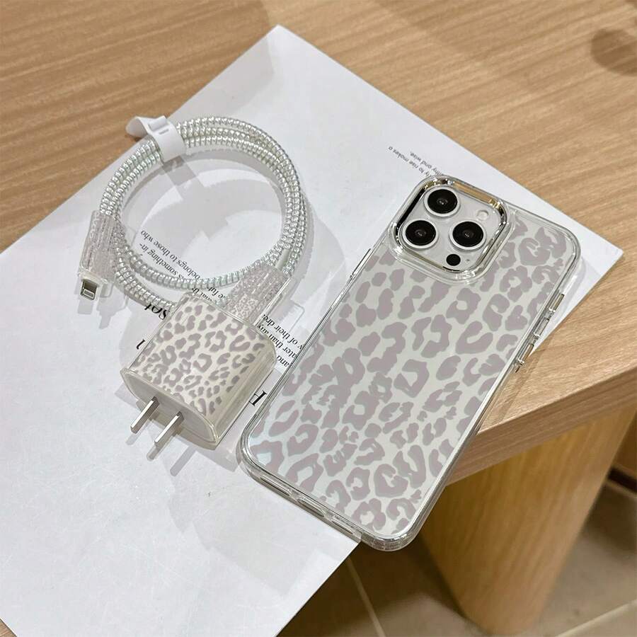 6pcs Metal Photo Frame Transparent Leopard Print Phone Case + Charger Head Cover + Cable Protector + Storage Rope + Data Cable Protector Rope TPU Anti-Drop Protective Case For IPhone 11 12 13 14 15 16 17 Pro Max, Suitable As Birthday And Christmas Gifts For Couples, Family, And Friends - Multicolor - View 1
