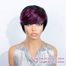Perruque pour femmes 4 pouces/10,16 cm en cheveux humains brésiliens lisses - Noir naturel/Bourgogne 1B/99J coupe pixie courte avec frange, densité 180% coiffure lisse en couches convenant aux tons de peau, perruques fabriquées à la machine parfaites pour le port quotidien & les vacances & les fêtes - S1B/99J - Voir 6