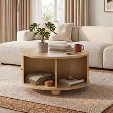 Round Coffee Table, Living Room Table, Vertical Relief Structure, Two Sliding Doors, MDF Frame, Metal Handles, Spherical Metal Feet, Four Separate Storage Compartments - 自然色 - 查看 3