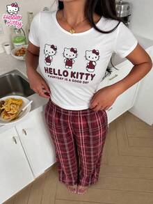 SANRIO KT Loungewear Set, 2pcs Milk Silk Short Sleeve Top + Red Plaid Woven Wide Leg Pants, Red & White Colorway, Fresh & Youthful, Comfortable For Daily Home & Outdoor Wear - Red - View 3