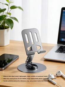 360° Rotatable Metal Desktop Phone Stand, Foldable Angle Adjustable Hollow‑Out Phone Holder With Anti‑Slip Base, Portable Cell Phone Dock For Office Home Video Streaming, Fits Smartphones & Small Tablets, Note: Slight Wobble At Max Height, Recommended For Lightweight Devices - Light Grey - View 3