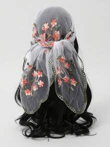 1件 2026春夏女款時尚刺繡花卉印花方巾，淺色極簡休閒，百搭日常頭巾，四季適用 70cm 三角巾 - 白色 - 查看 3