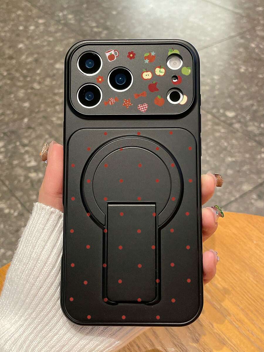 1pc Black Matte Magnetic Stand Anti-Drop Phone Case, Built-In Foldable Invisible Stand, Convenient For Watching Shows And Video Calls, Apple Candy Flower Print, Full Red Polka Dot Phone Case, Y2K Fresh Sweet Style, Suitable For Birthday, Valentine's Day, Back To School And Various Holiday Gifts, Compatible With Iphone Case & Galaxy Case,Compatible With IPhone 17,Compatible With IPhone 17 Pro,Compatible With IPhone 17 Pro Max - Black - View 1