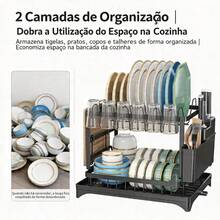 Sing-e Escorredor de louça de aço carbono de dupla camada com grande capacidade e estrutura de suporte reforçada, com suporte para talheres. Ideal para acomodar tigelas, pratos, xícaras e tábuas de corte, perfeito para uso doméstico e em casas de campo - B - Visão 9