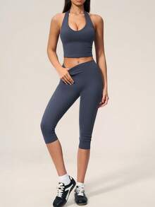 TimeOff Women's One Set Solid Color Halter V-Neck Cropped Tank Top & High Waist Mid-Length Shorts Sports Outfit - Navy Blue - View 9