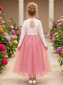 Tween Girl Hollow Back Long Sleeve Pearl Lace Contrast Mesh Tie Party Evening Gown - Dusty Pink - View 7
