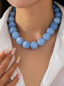 1pc Blue Gradient Chunky Resin Bead Necklace For Women - Large Marble Swirl Effect Bead Choker Necklace, Bold Vintage Jewelry - Necklace - View 4