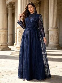 Plus Size Fall Elegant Long Sleeve Leaf Lace Beaded A‑Line Maxi Dress, Winter Mock Neck Formal Evening Gown For Party Wedding Going Out - Royal Blue - View 4